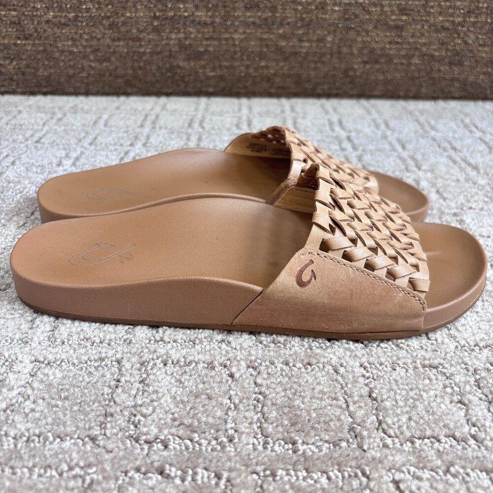 OluKai Kamola Leather Slip On Sandal Women's 6 Tan Brown Slip On Casual